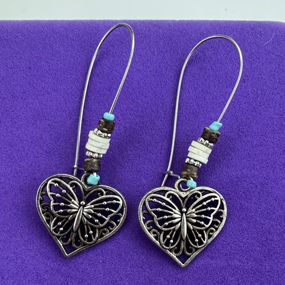 💛 Silver Butterfly Heart Earrings | Boho Whimsical Vintage Style